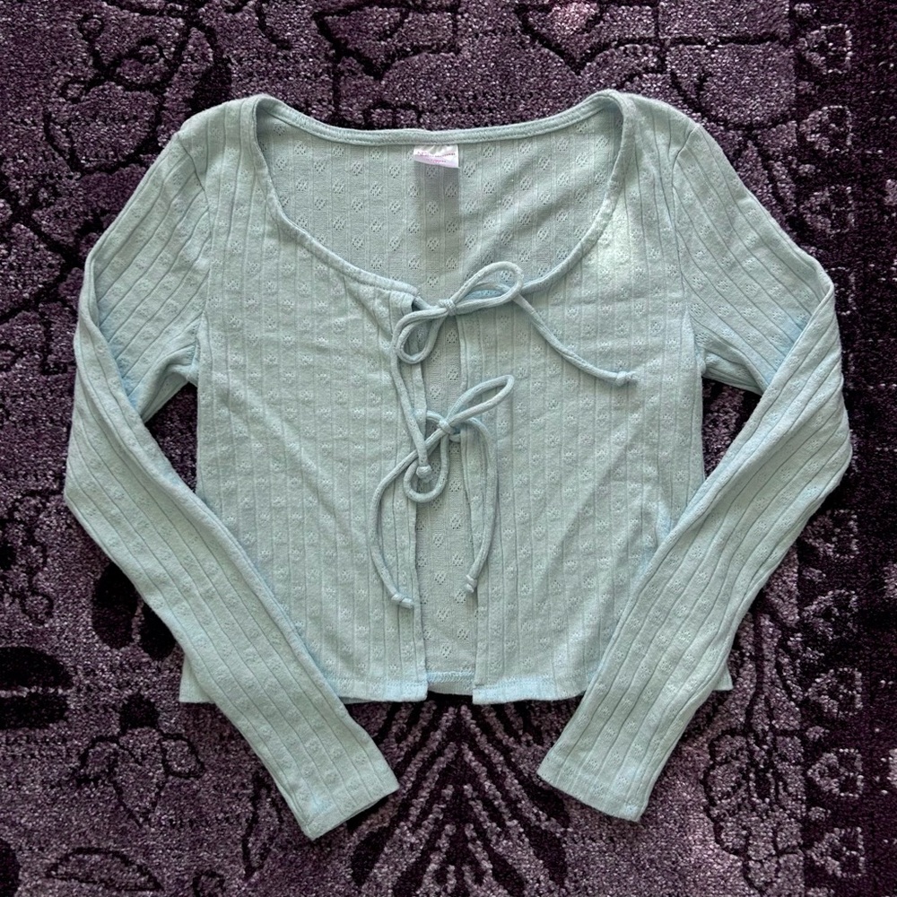 No Boundaries Light Blue pointelle tie top